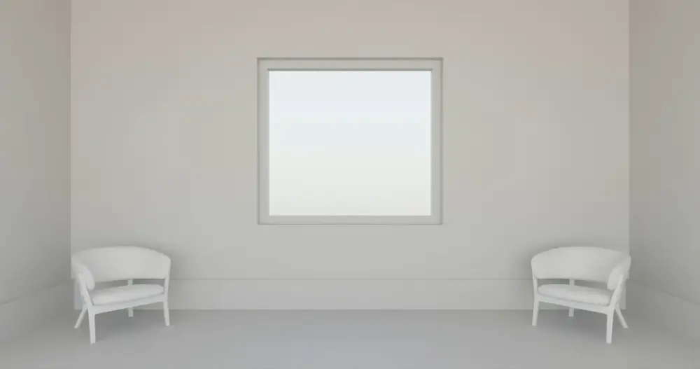 A minimalist white room with a window and two chairs