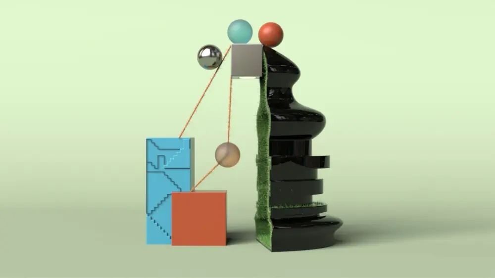 A sculpture of a man balancing balls on a string, illustrating balancing function and visual impact